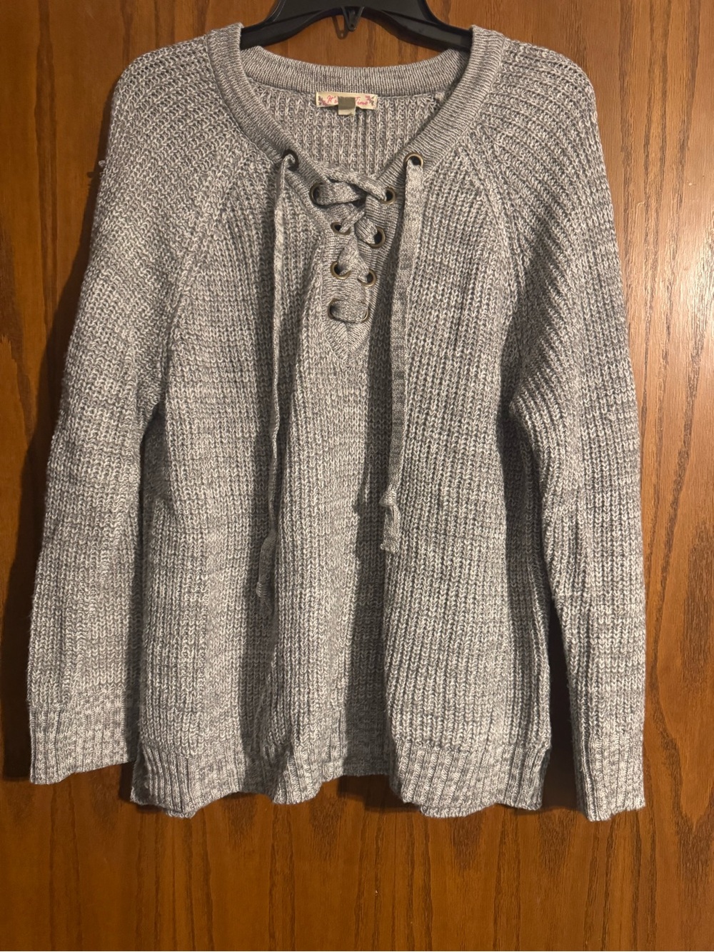 It's Our Time Gray Lace-Up Knit Crewneck Sweater